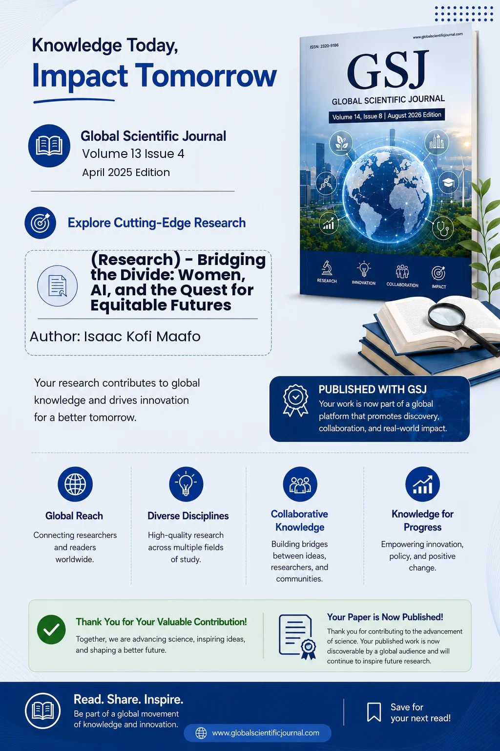 Global Scientific Journal publication announcement for Isaac Kofi Maafo's research paper, Bridging the Divide: Women, AI, and the Quest for Equitable Futures