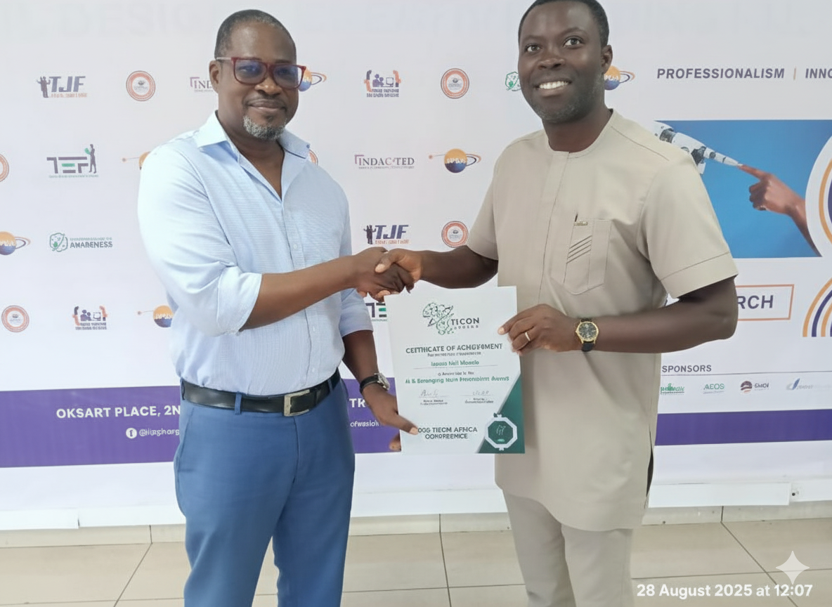 Isaac receiving TICON Africa Conference Certificate of Achievement